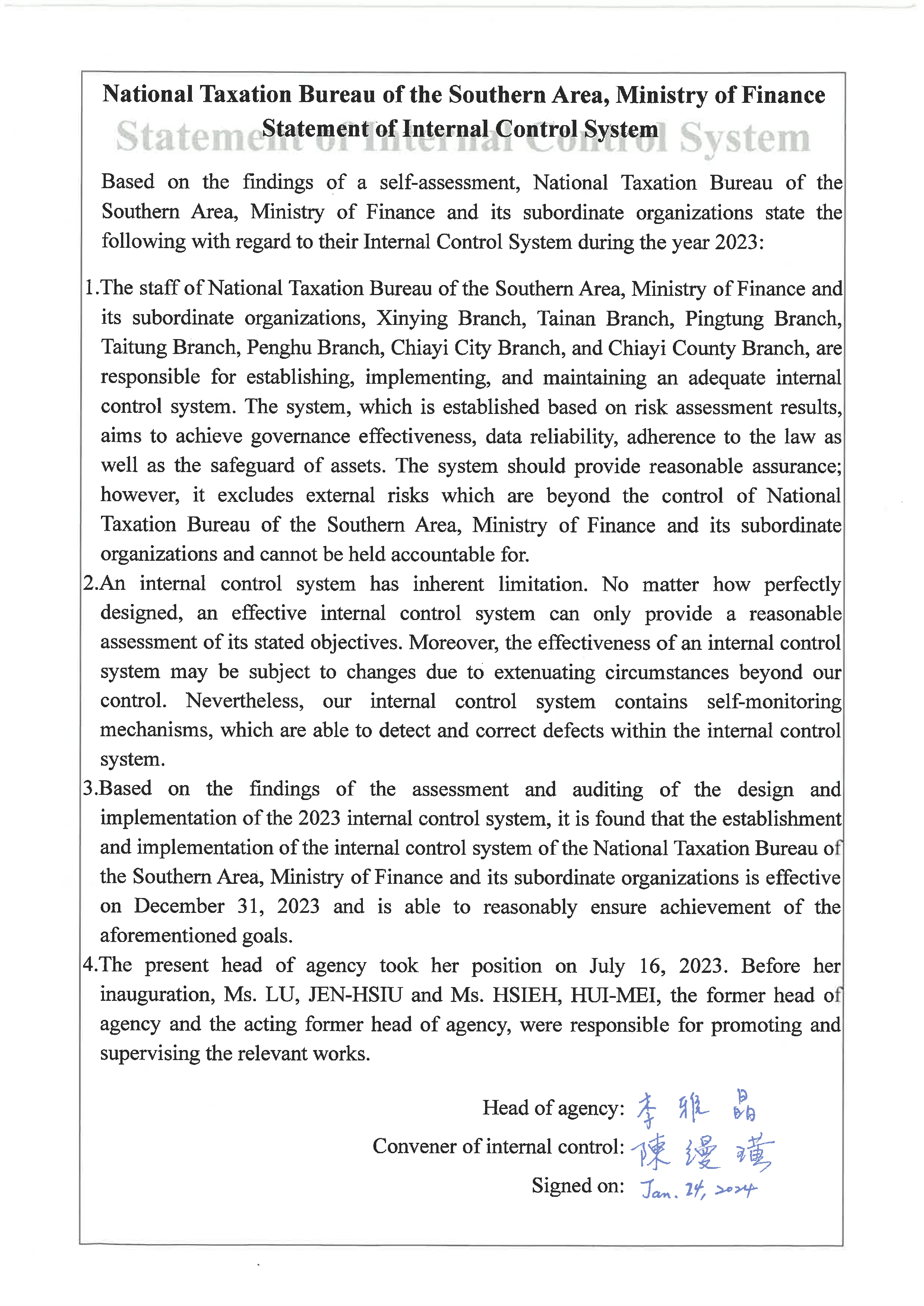 Statement of Internal Control System of year 2022